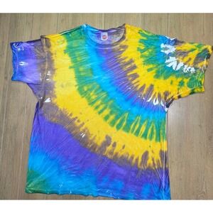 One Stop Mens‎ Tie Dye Spiral T-Shirt Blue Yellow Purple Rainbow Crewneck
